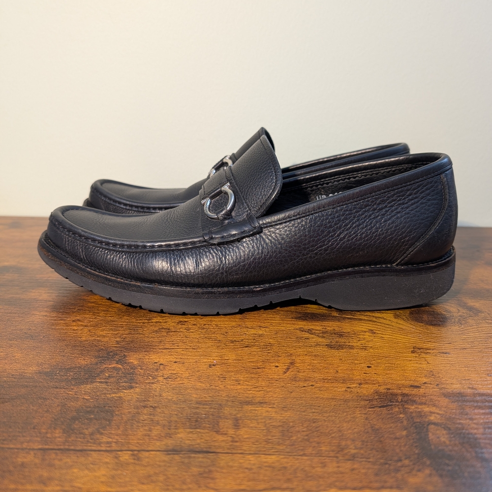 Salvatore Ferragamo Men's Black Pebbled Leather Gancini Bit Loafers - Size 9.5 - Picture 3 of 9